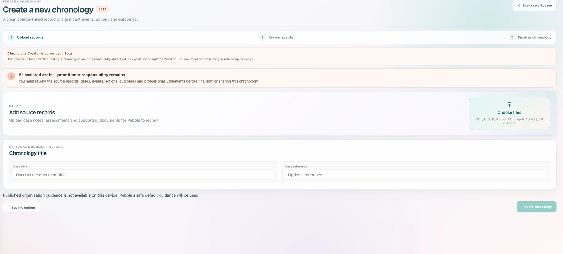 Creating a new chronology in Pebble by uploading case records and supporting documents